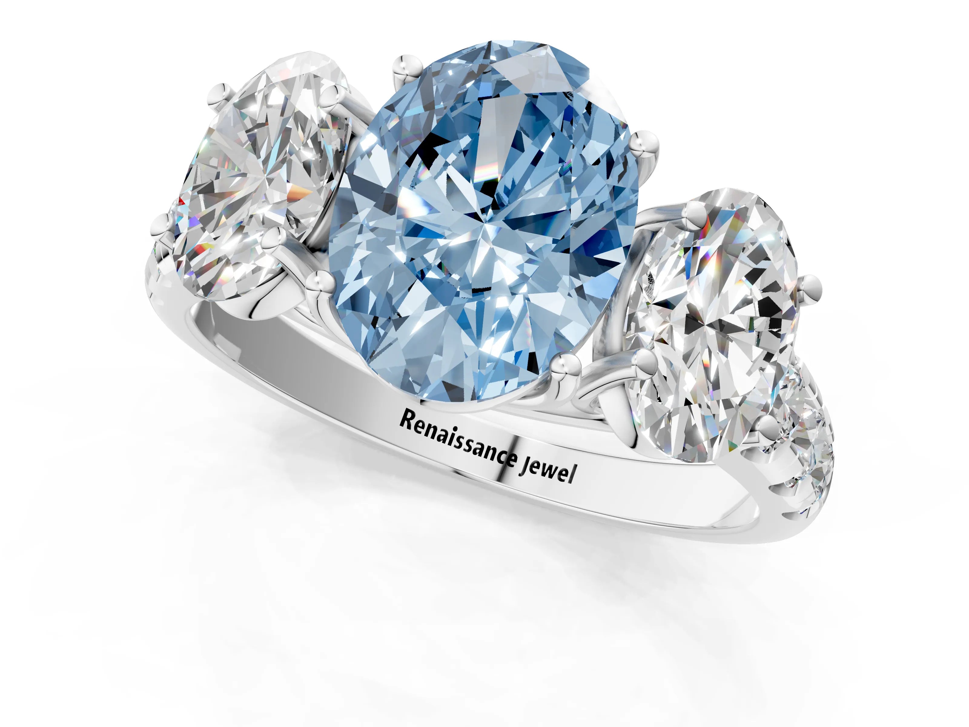 White gold Three-Stone Fancy Blue Oval Cut Diamond Pavé Band with Prong Setting_13
