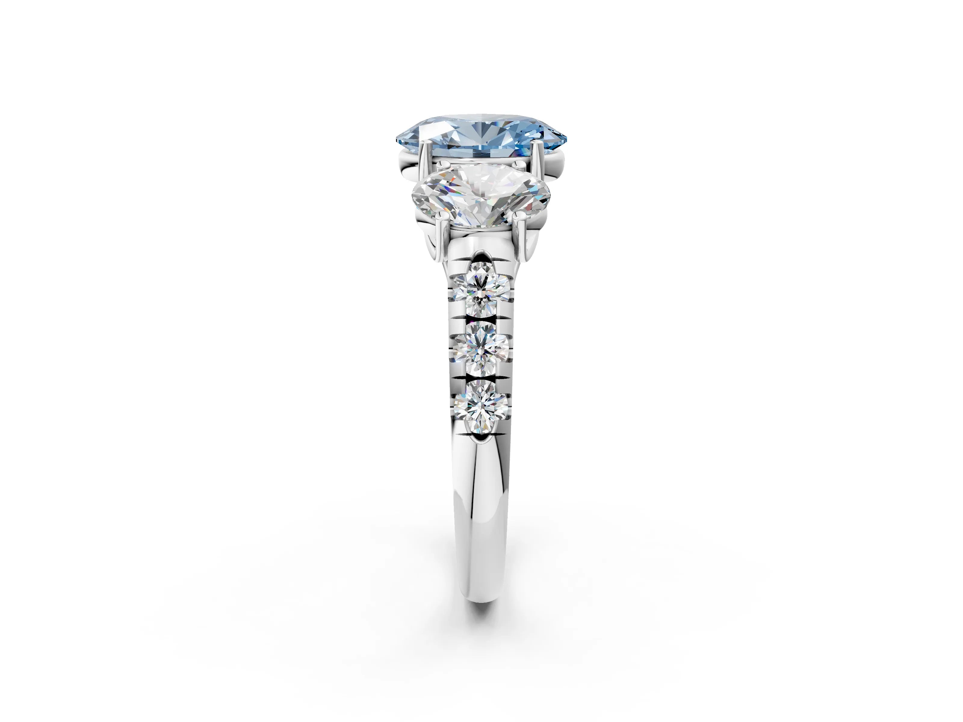 White gold Three-Stone Fancy Blue Oval Cut Diamond Pavé Band with Prong Setting_14