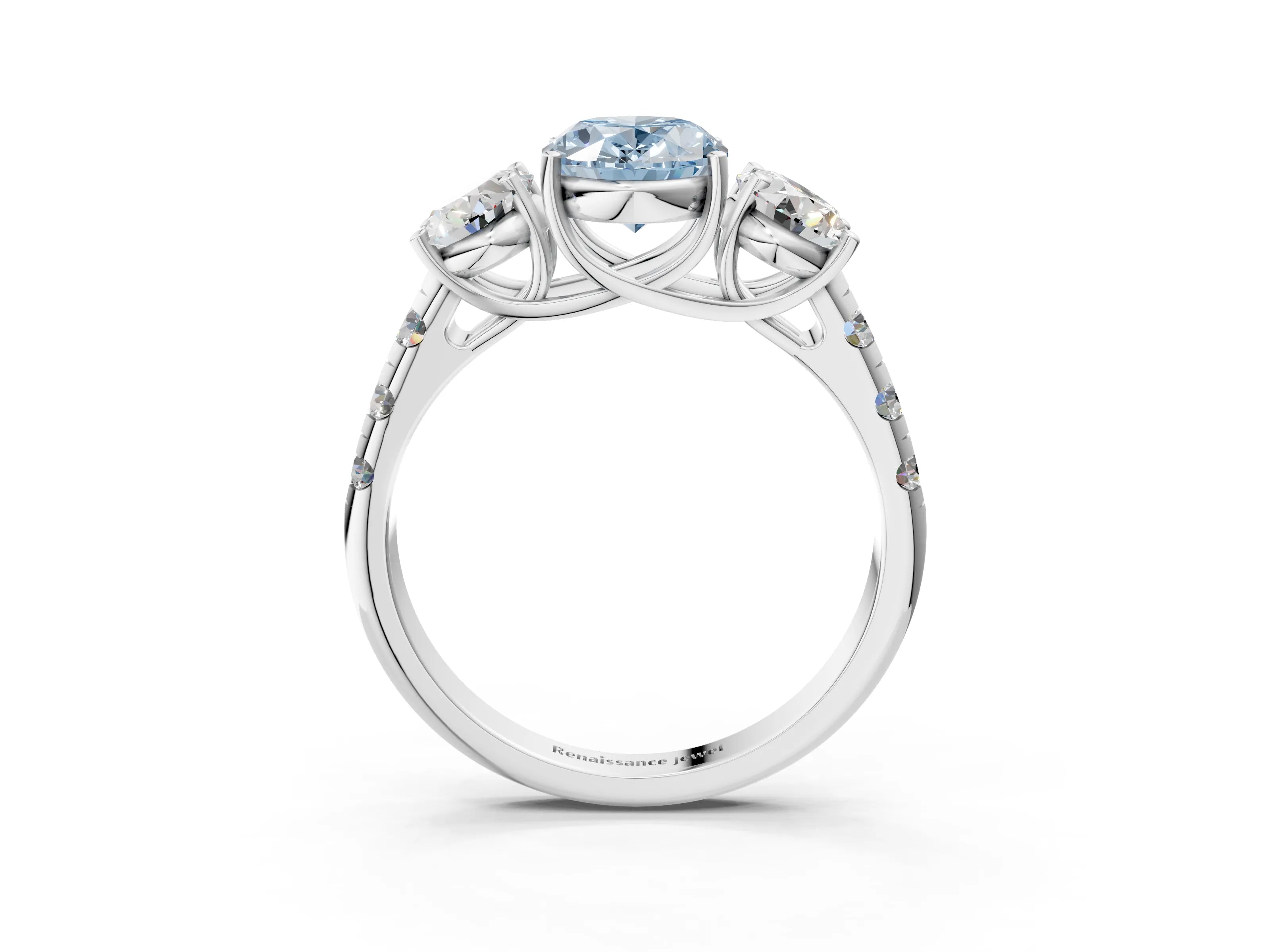 White gold Three-Stone Fancy Blue Oval Cut Diamond Pavé Band with Prong Setting_15