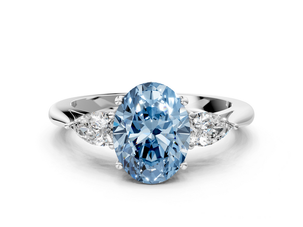 White gold Three-Stone Fancy Blue Oval  Cut Diamond Ring with Pear Side Stones in Four-Prong Setting
