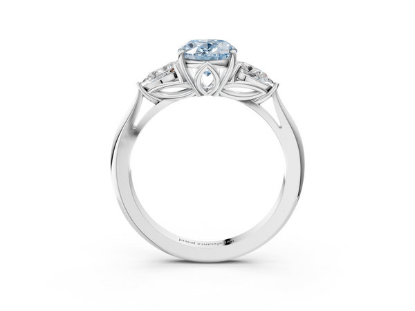 White gold Three-Stone Fancy Blue Oval  Cut Diamond Ring with Pear Side Stones in Four-Prong Setting