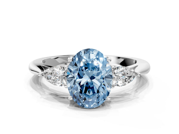 White gold Three-Stone Fancy Blue Oval Cut Diamond Ring with Pear  Side Stones in Four-Prong Setting