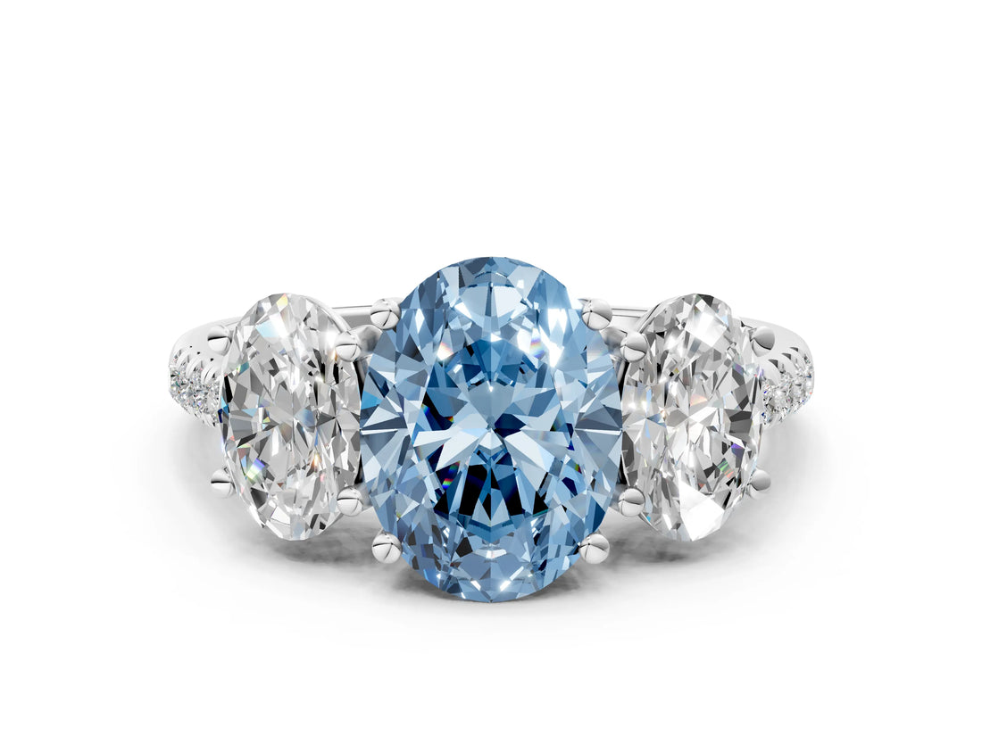 White gold Three-Stone Fancy Blue Oval Cut Diamond Ring with Round  Pavé Band and Prong Setting_181