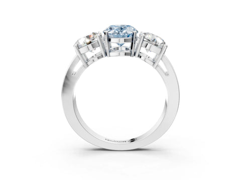 White gold Three-Stone Fancy Blue Oval Cut Diamond Ring with Round Side Stones, Classic Band, and Four-Prong Setting_68