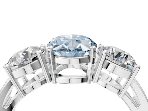 White gold Three-Stone Fancy Blue Oval Cut Diamond Ring with Round Side Stones, Classic Band, and Four-Prong Setting_70
