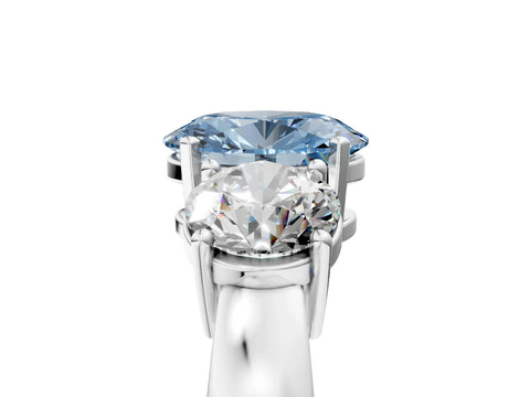 White gold Three-Stone Fancy Blue Oval Cut Diamond Ring with Round Side Stones, Classic Band, and Four-Prong Setting_70