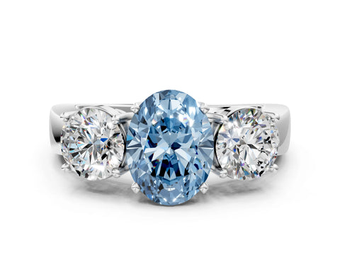 White gold Three-Stone Fancy Blue Oval Cut Diamond Ring with Round Side Stones, Classic Band, and Four-Prong Setting_70
