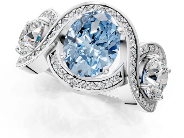 White gold Three-Stone Fancy Blue Oval Cut Diamond Wave Pave Band with Prong Setting