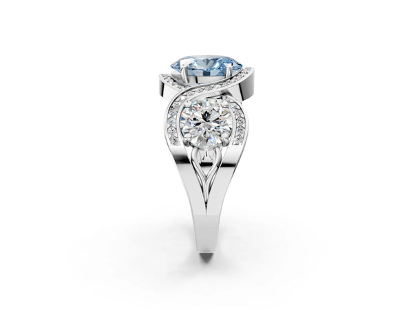 White gold Three-Stone Fancy Blue Oval Cut Diamond Wave Pave Band with Prong Setting