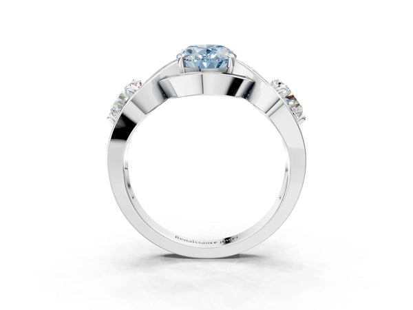 White gold Three-Stone Fancy Blue Oval Cut Diamond Wave Pave Band with Prong Setting