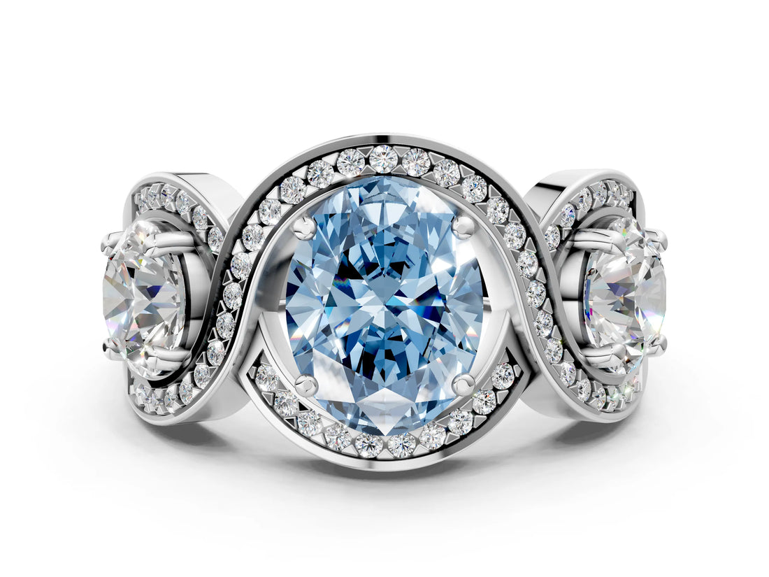 White gold Three-Stone Fancy Blue Oval Cut Diamond Wave Pave Band with Prong Setting