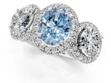 White gold Three-Stone Fancy Blue Oval Cut Halo Diamond Milgrain Band with Four-Prong Setting_1