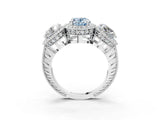 White gold Three-Stone Fancy Blue Oval Cut Halo Diamond Milgrain Band with Four-Prong Setting_3