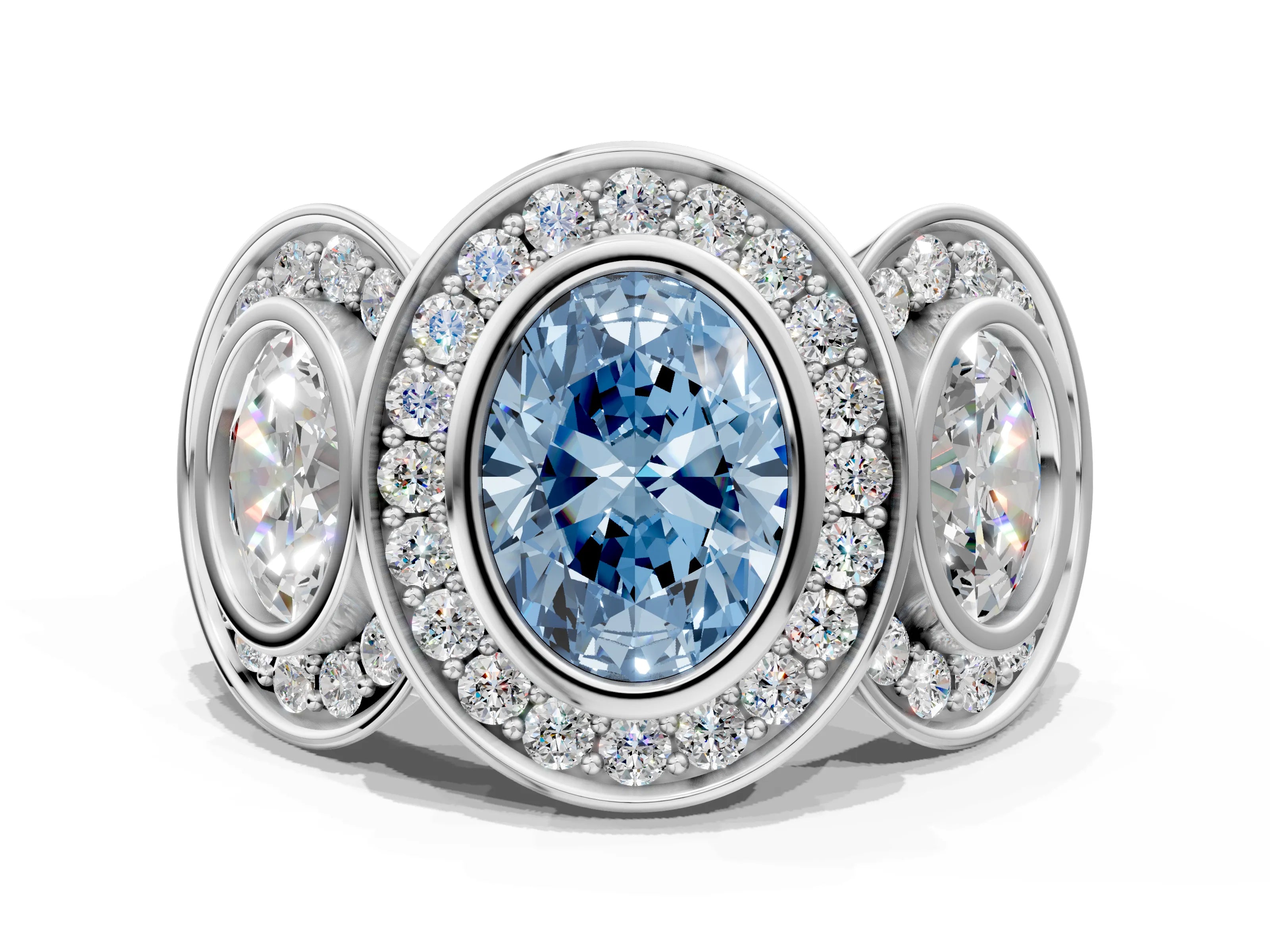 White gold Three-Stone Fancy Blue Oval Cut Halo Pavé Diamond Ring