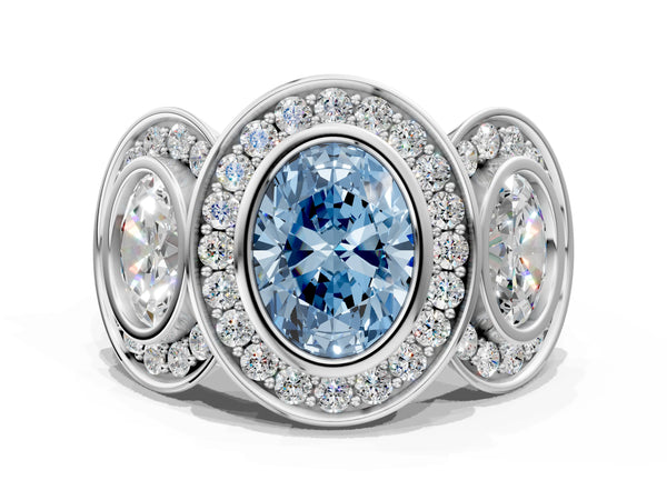 Platinum Oval Bezel Three Stone Halo Engagement Ring Setting for Fancy Blue Center