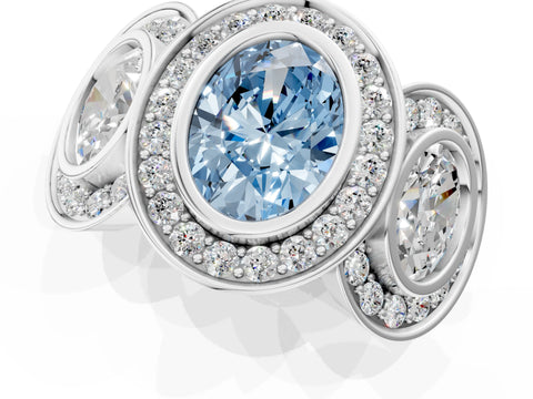 White gold Three-Stone Fancy Blue Oval Cut Halo Pavé Diamond Ring_1