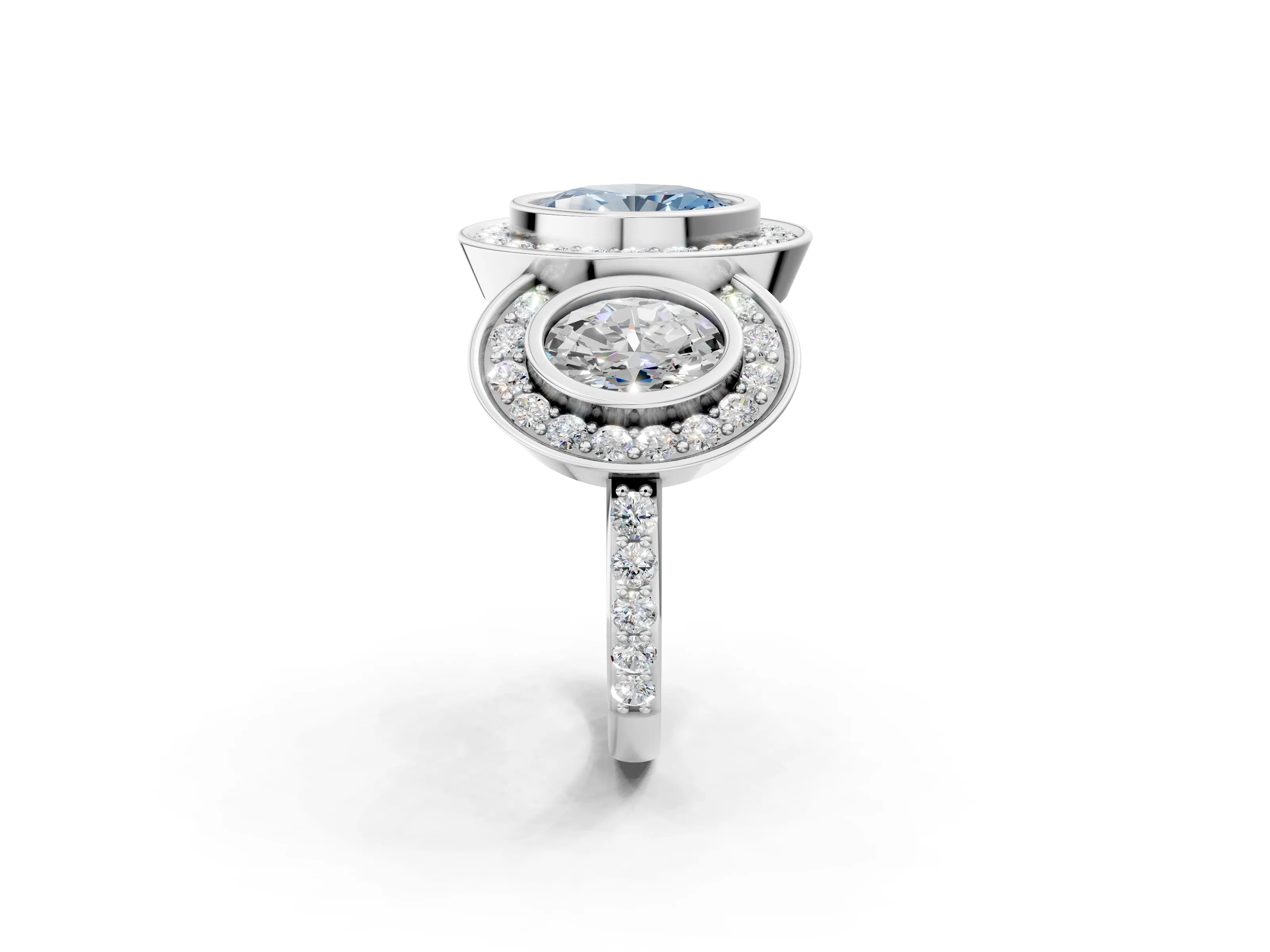 White gold Three-Stone Fancy Blue Oval Cut Halo Pavé Diamond Ring_2