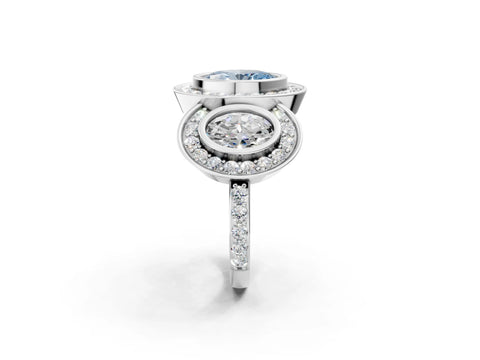 White gold Three-Stone Fancy Blue Oval Cut Halo Pavé Diamond Ring_2