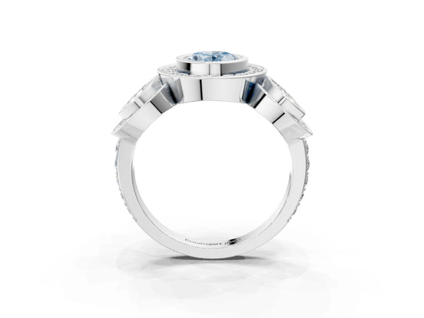 Platinum Oval Bezel Three Stone Halo Engagement Ring Setting for Fancy Blue Center