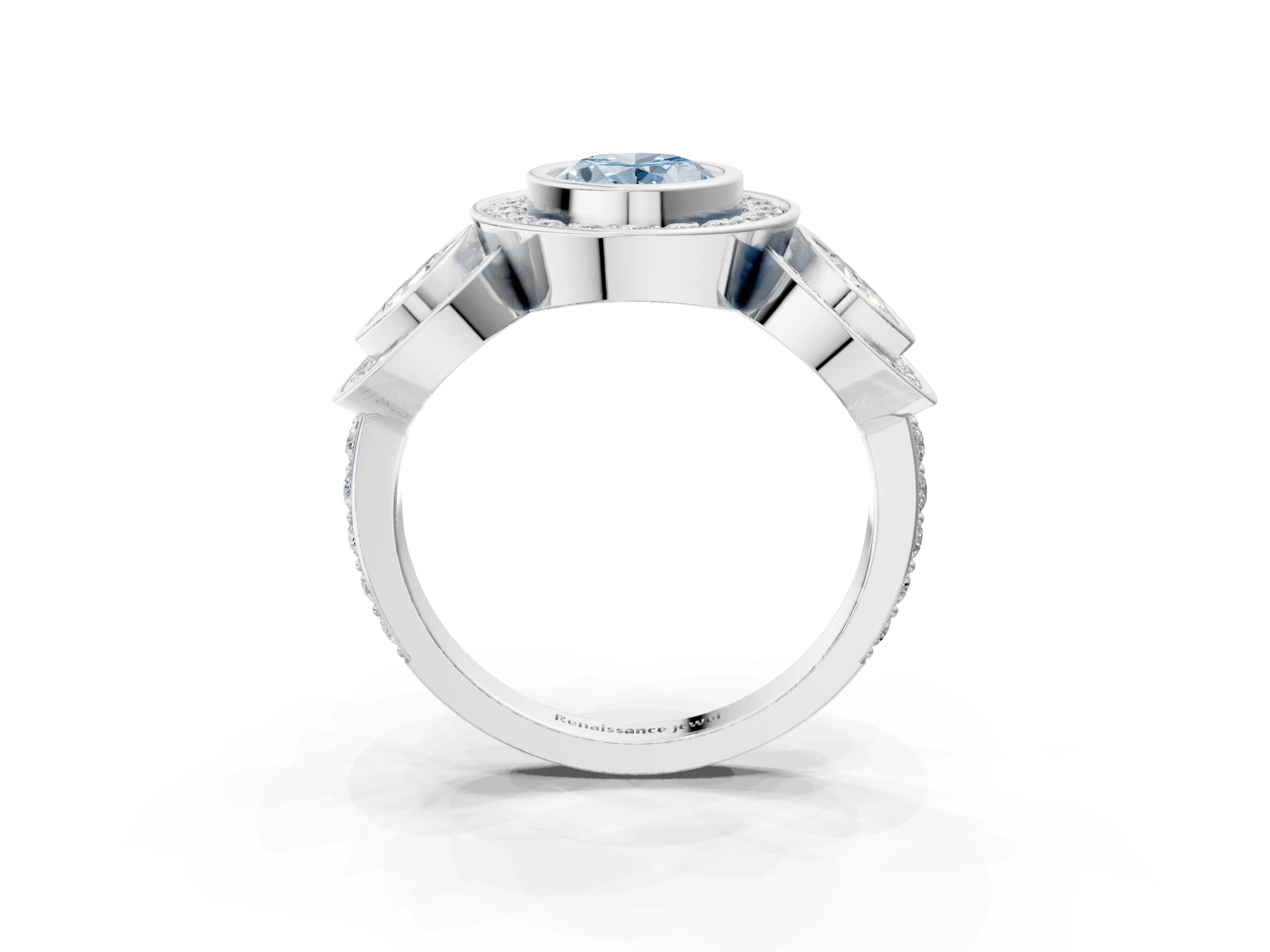 White gold Three-Stone Fancy Blue Oval Cut Halo Pavé Diamond Ring_3