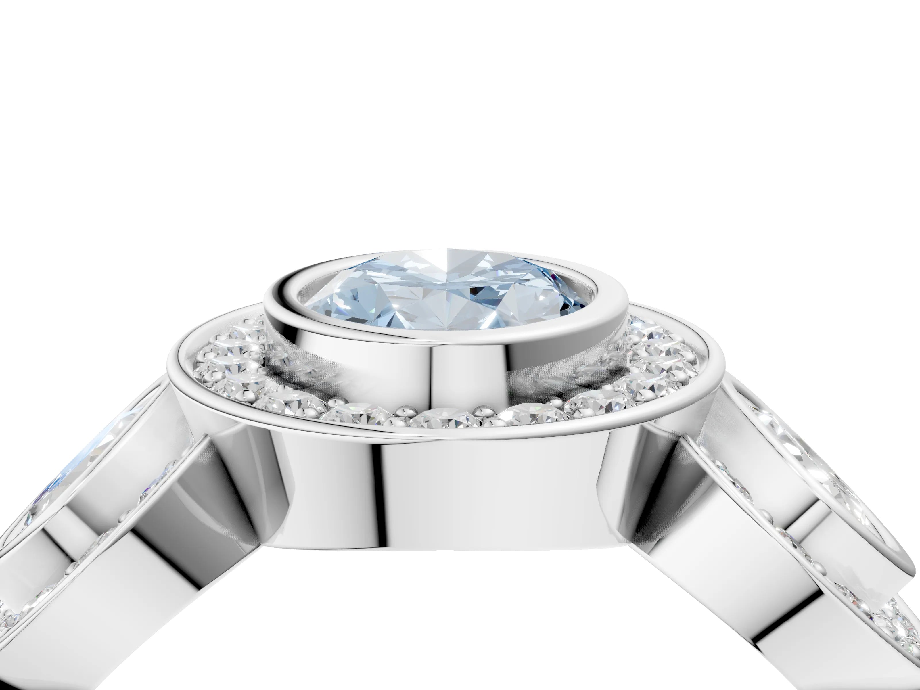 White gold Three-Stone Fancy Blue Oval Cut Halo Pavé Diamond Ring_4