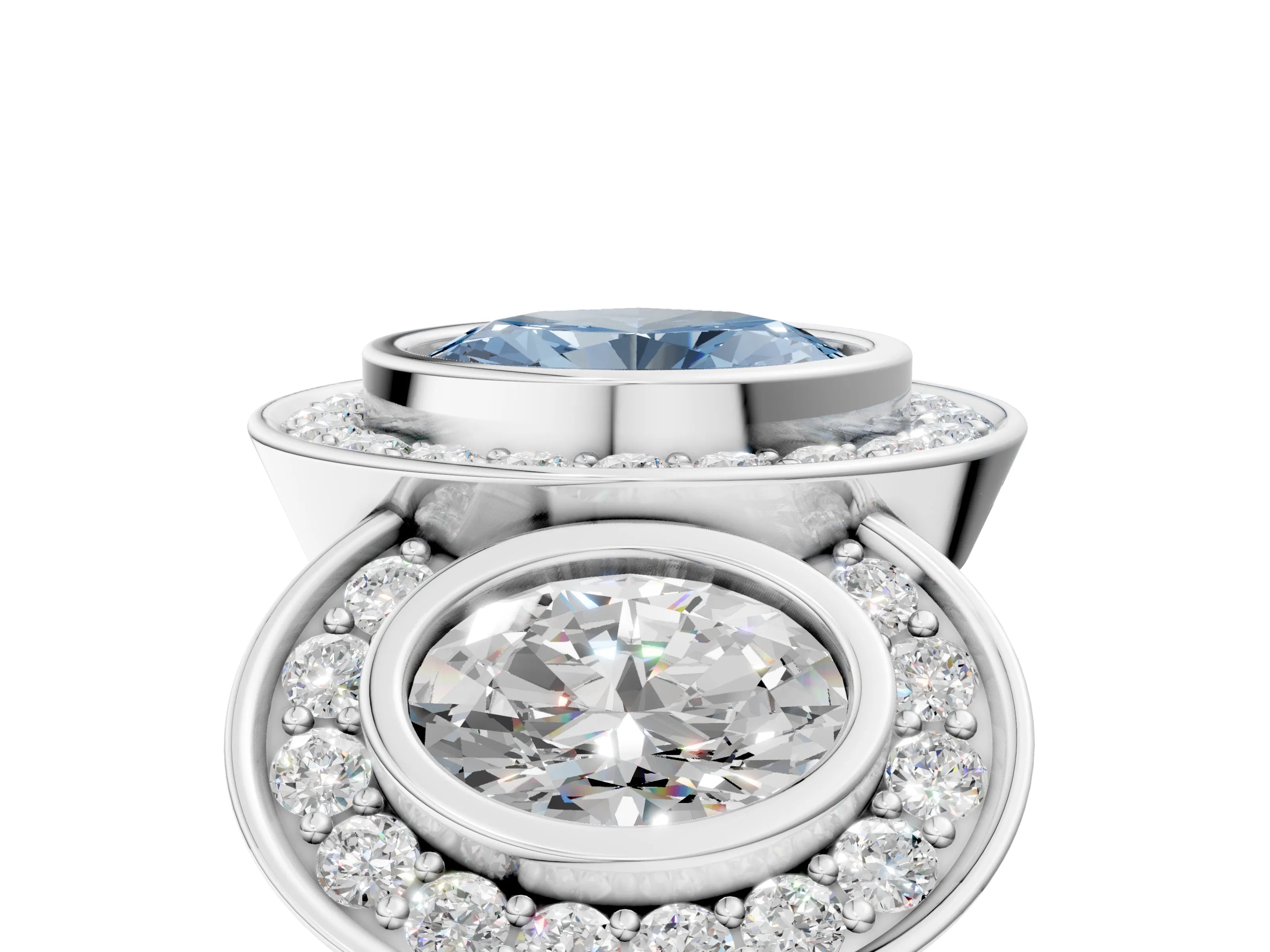White gold Three-Stone Fancy Blue Oval Cut Halo Pavé Diamond Ring_5