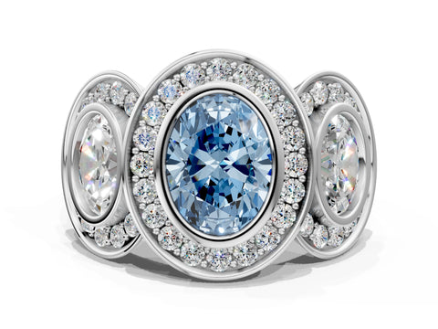 White gold Three-Stone Fancy Blue Oval Cut Halo Pavé Diamond Ring