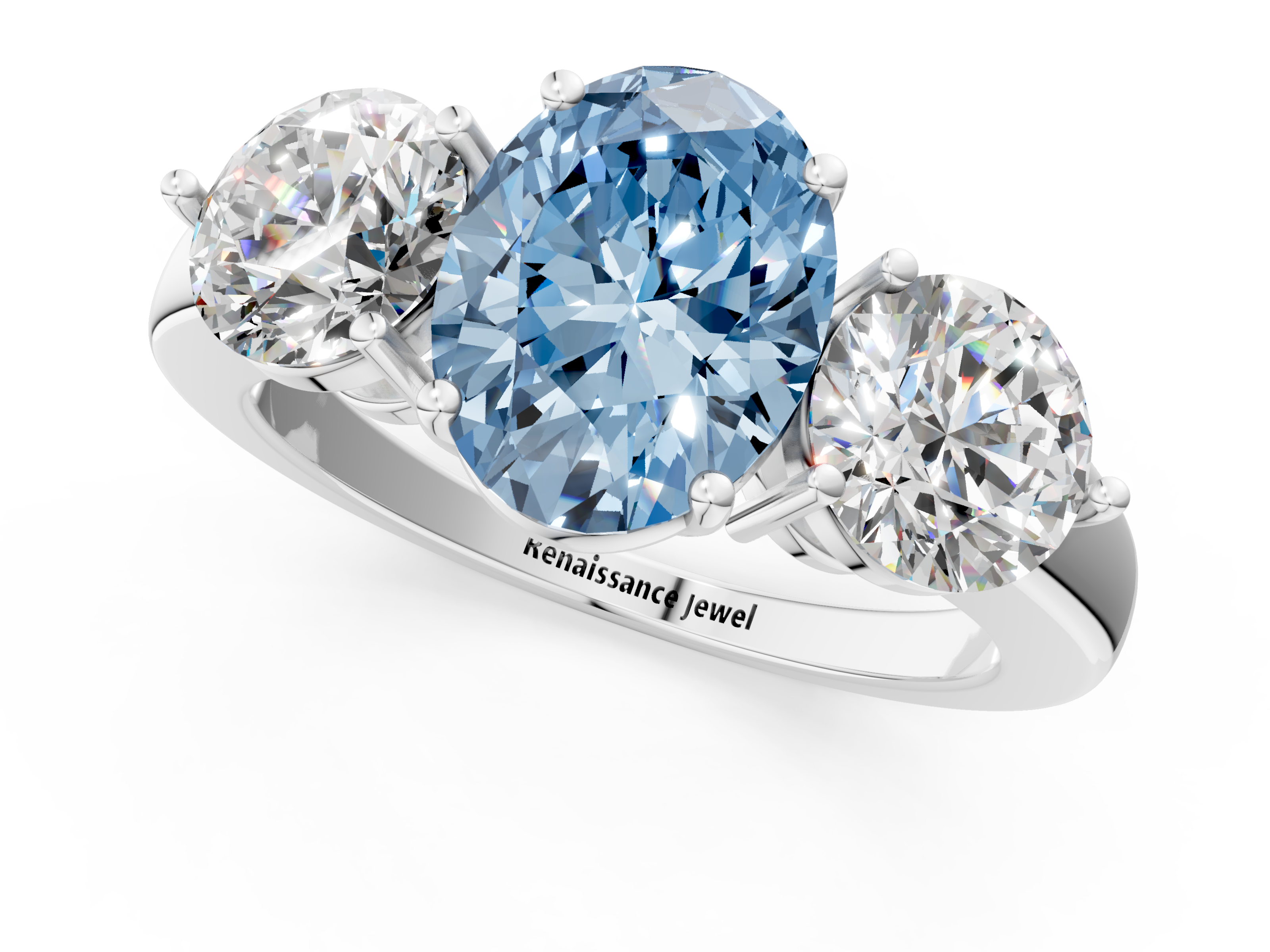 White gold Three-Stone Fancy Blue Oval  Cut Solitaire Ring with Prong Setting on a Classic Band_61