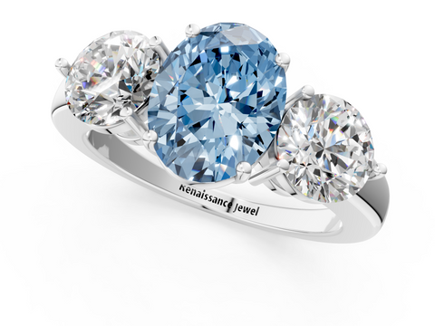 White gold Three-Stone Fancy Blue Oval  Cut Solitaire Ring with Prong Setting on a Classic Band_61
