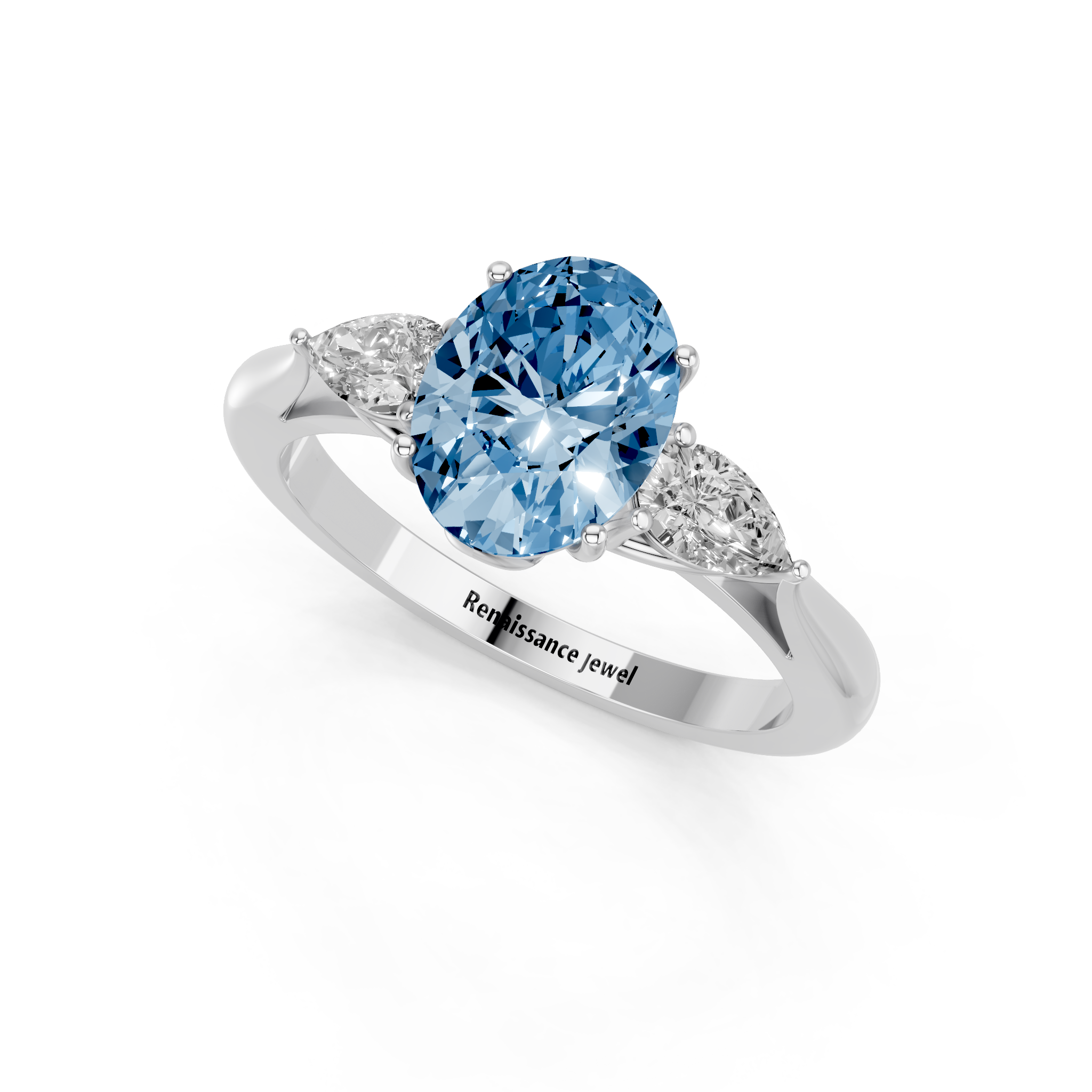 White gold Three-Stone Fancy Blue Oval  Diamond Solitaire Ring with Pear Side Stones and Four-Prong Setting_3