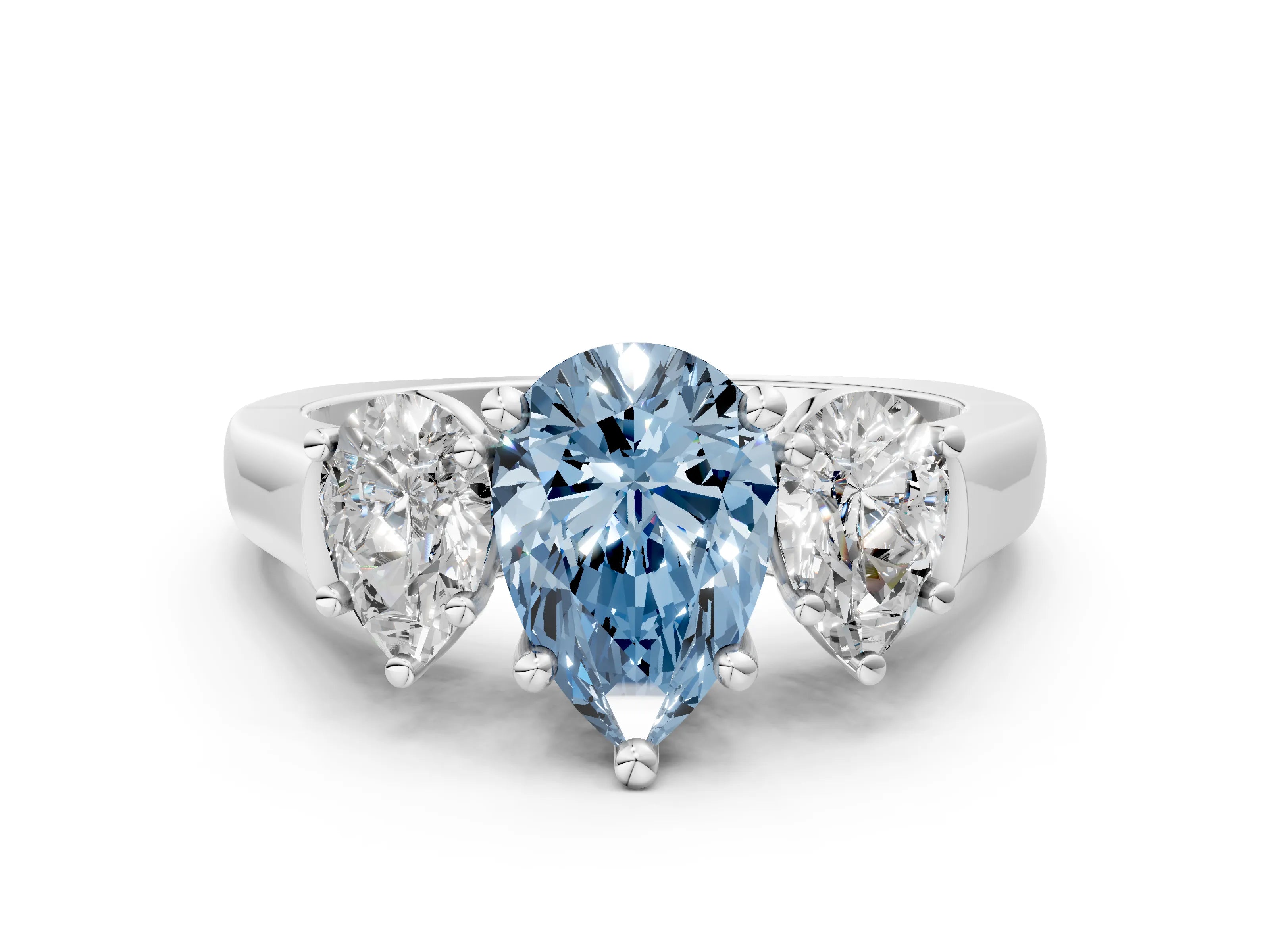 White gold Three-Stone Fancy Blue Pear Cut Brilliant Diamond Trellis Ring with Comfort Fit Band_12