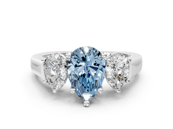 Platinum Three-Stone Fancy Blue Pear Cut Brilliant Diamond Trellis Ring with Comfort Fit Band