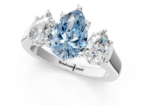 Platinum Three-Stone Fancy Blue Pear Cut Brilliant Diamond Trellis Ring with Comfort Fit Band