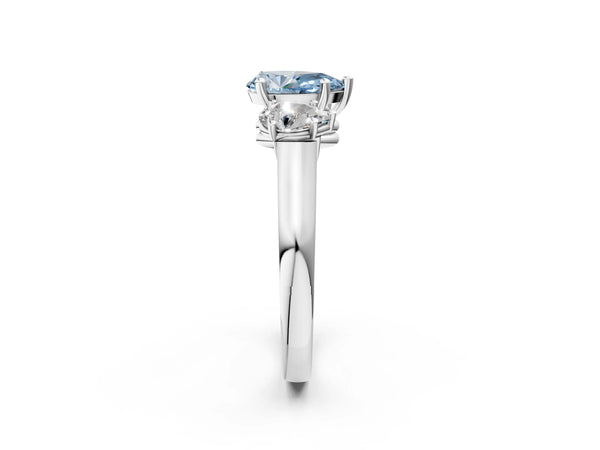 Platinum Three-Stone Fancy Blue Pear Cut Brilliant Diamond Trellis Ring with Comfort Fit Band