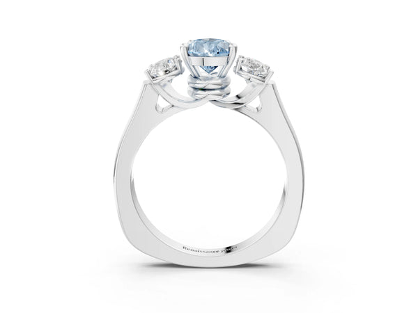 Platinum Three-Stone Fancy Blue Pear Cut Brilliant Diamond Trellis Ring with Comfort Fit Band