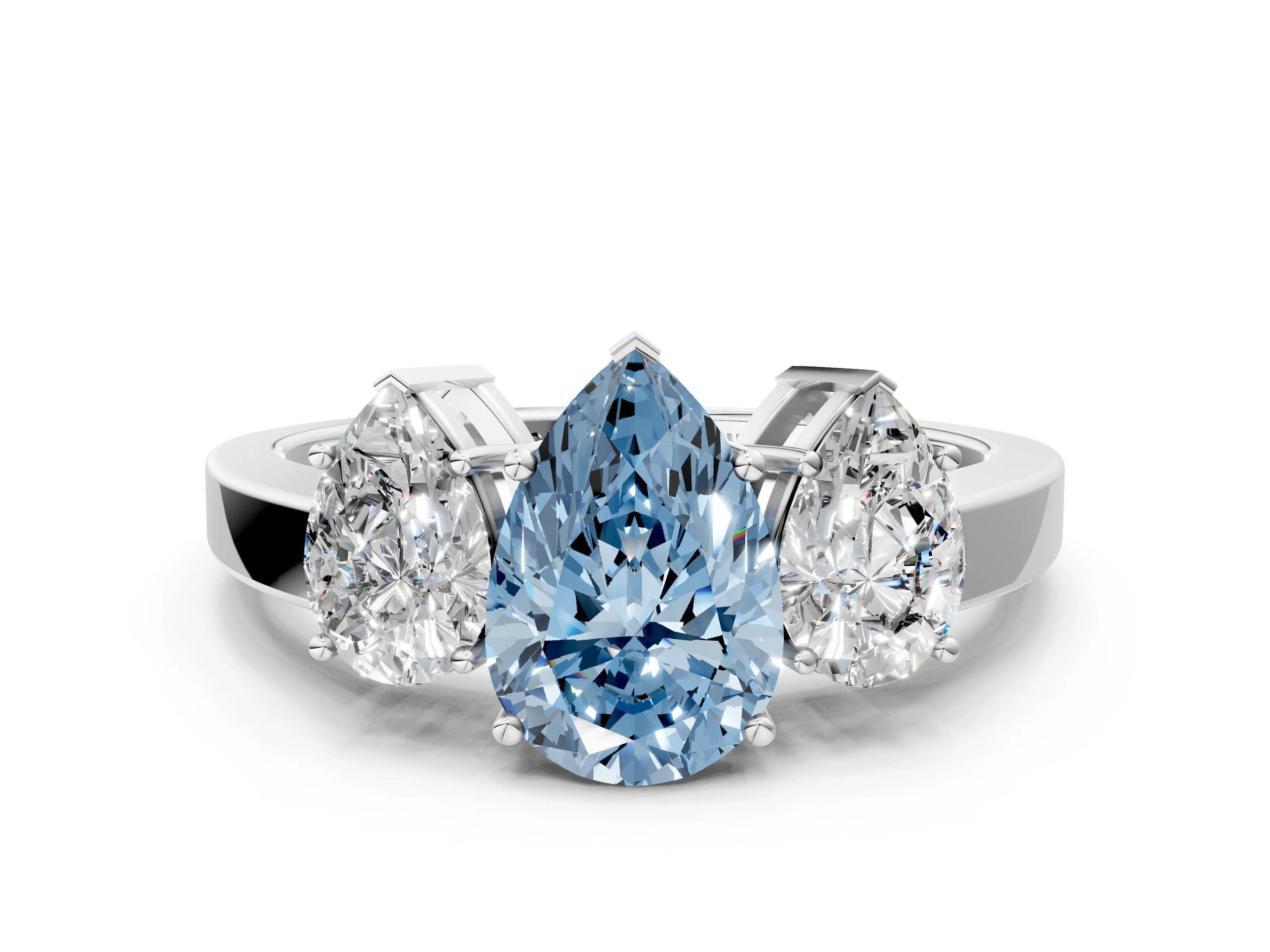 White gold Three-Stone Fancy Blue Pear Cut Cut Diamond Engagement Ring with Flat Band and Four-Prong Setting