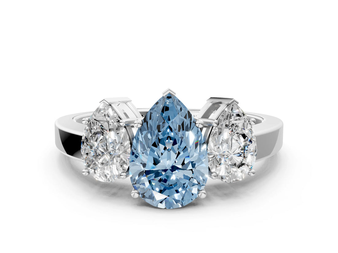 White gold Three-Stone Fancy Blue Pear Cut Cut Diamond Engagement Ring with Flat Band and Four-Prong Setting_12