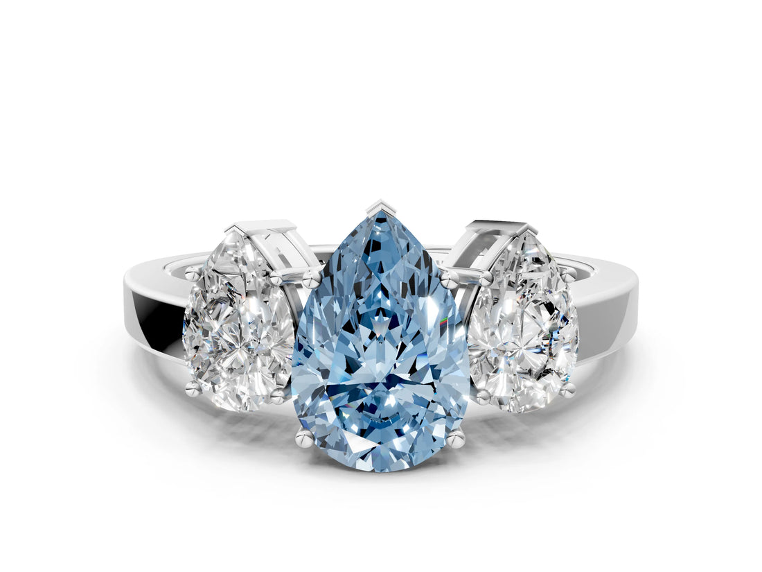 White gold Three-Stone Fancy Blue Pear Cut Cut Diamond Engagement Ring with Flat Band and Four-Prong Setting_12