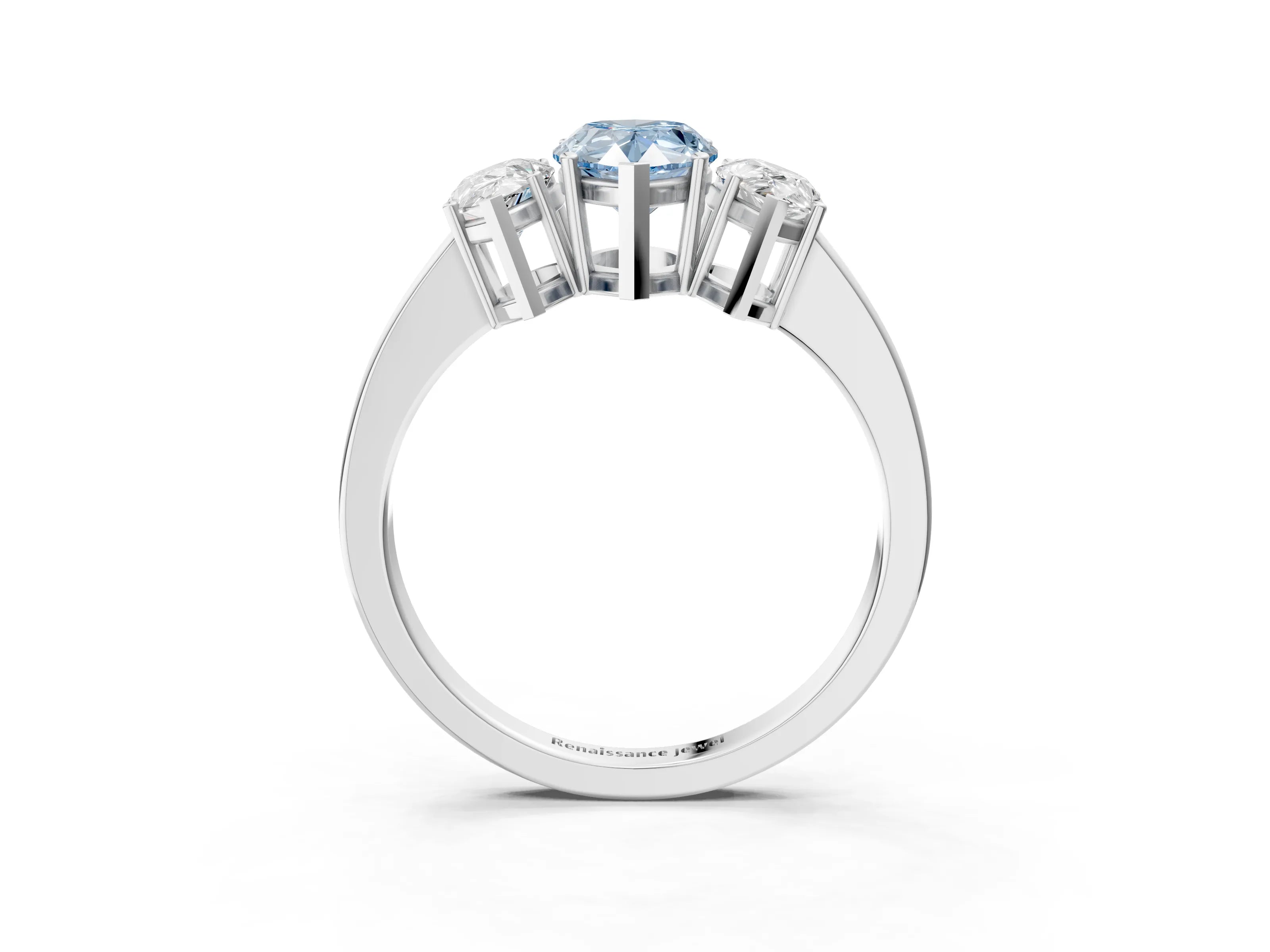 White gold Three-Stone Fancy Blue Pear Cut Cut Diamond Engagement Ring with Flat Band and Four-Prong Setting_15