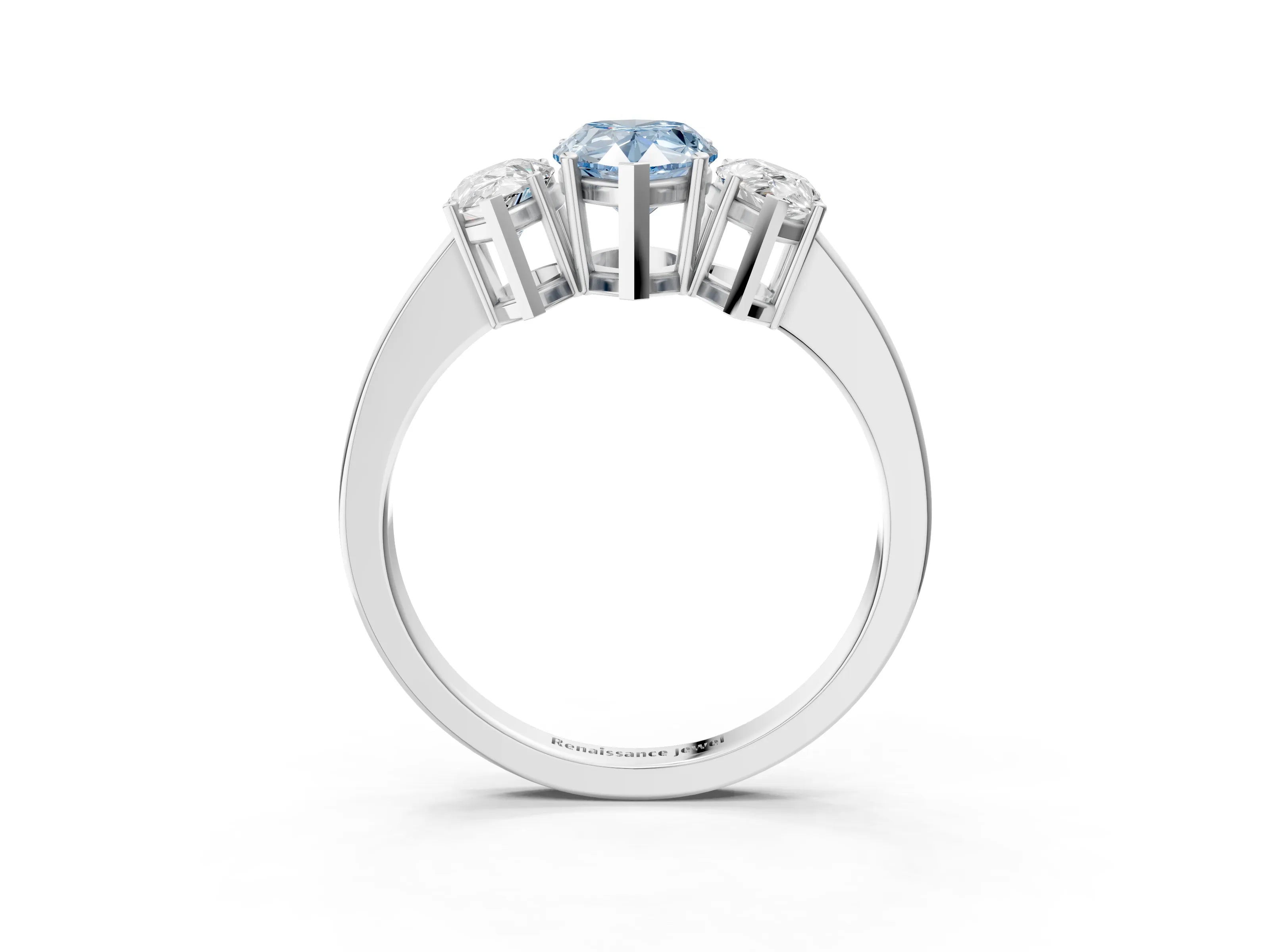 White gold Three-Stone Fancy Blue Pear Cut Cut Diamond Engagement Ring with Flat Band and Four-Prong Setting_3