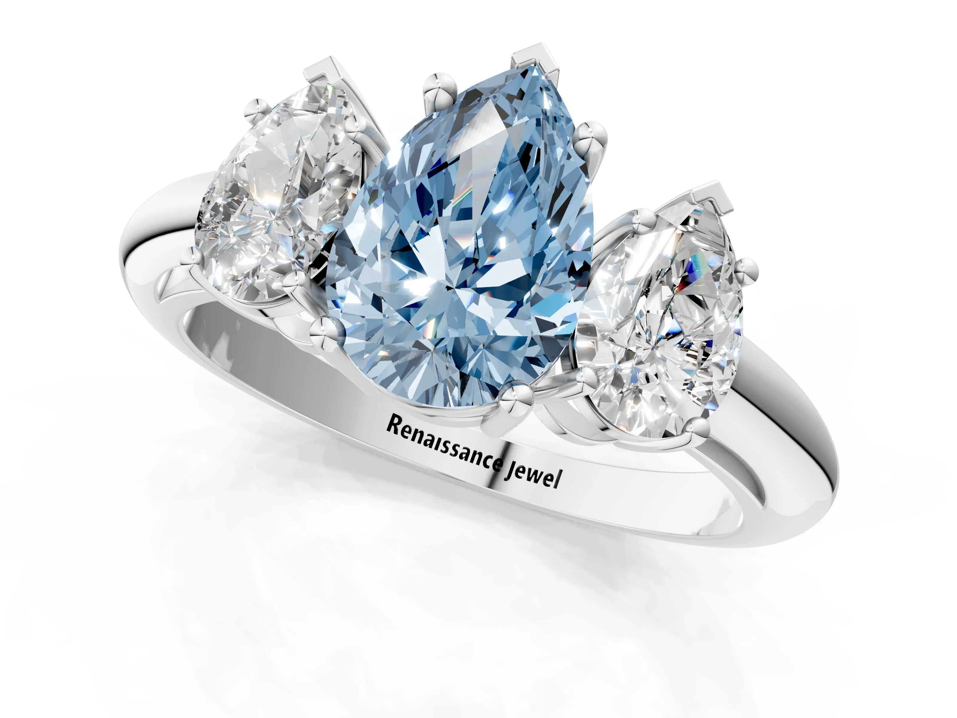White gold Three-Stone Fancy Blue Pear Cut Cut Diamond Engagement Ring with Prong Setting on a White Gold Band_44