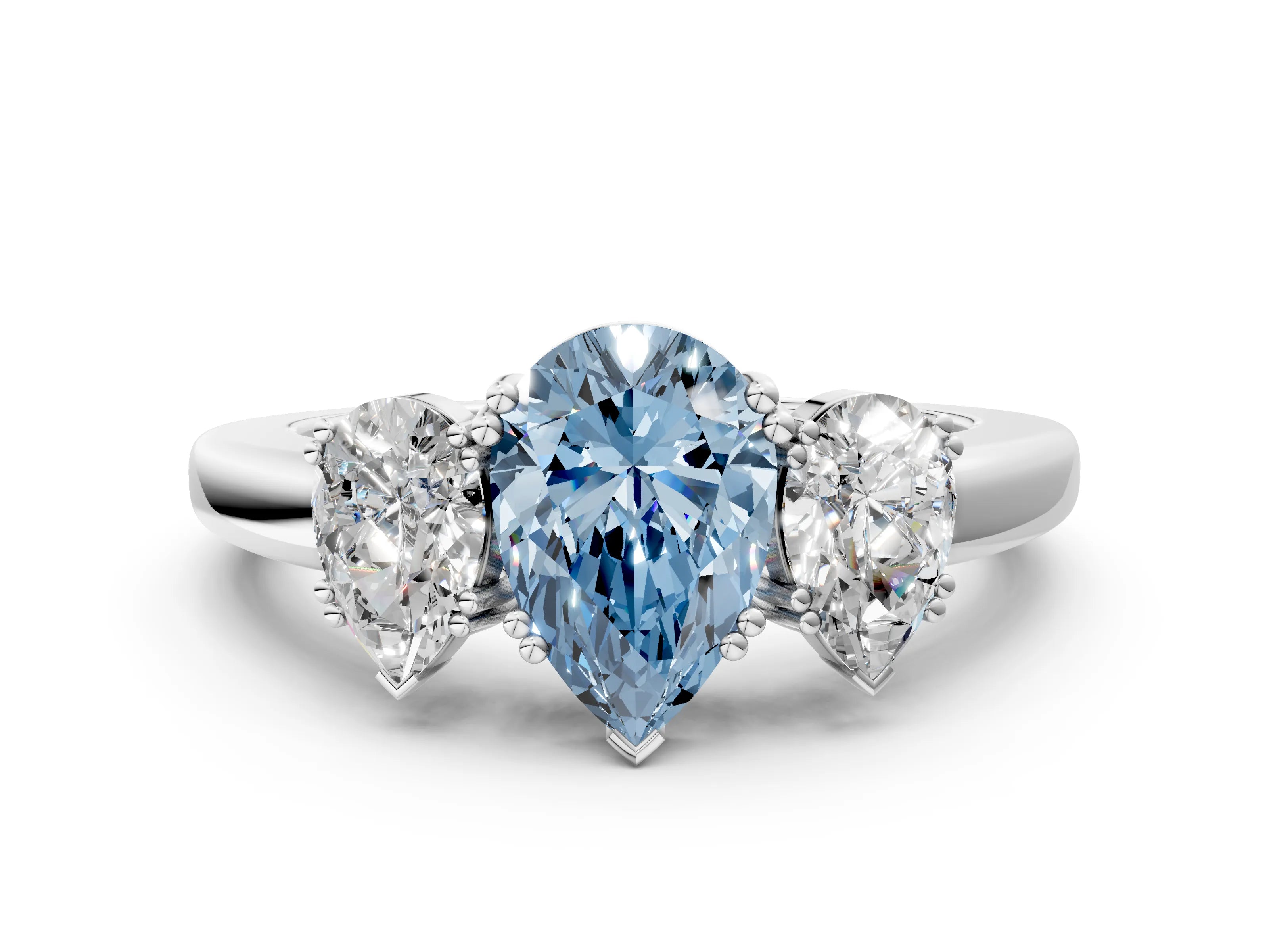 White gold Three-Stone Fancy Blue Pear Cut Cut Diamond Ring with Channel Set Band and Four-Prong Setting