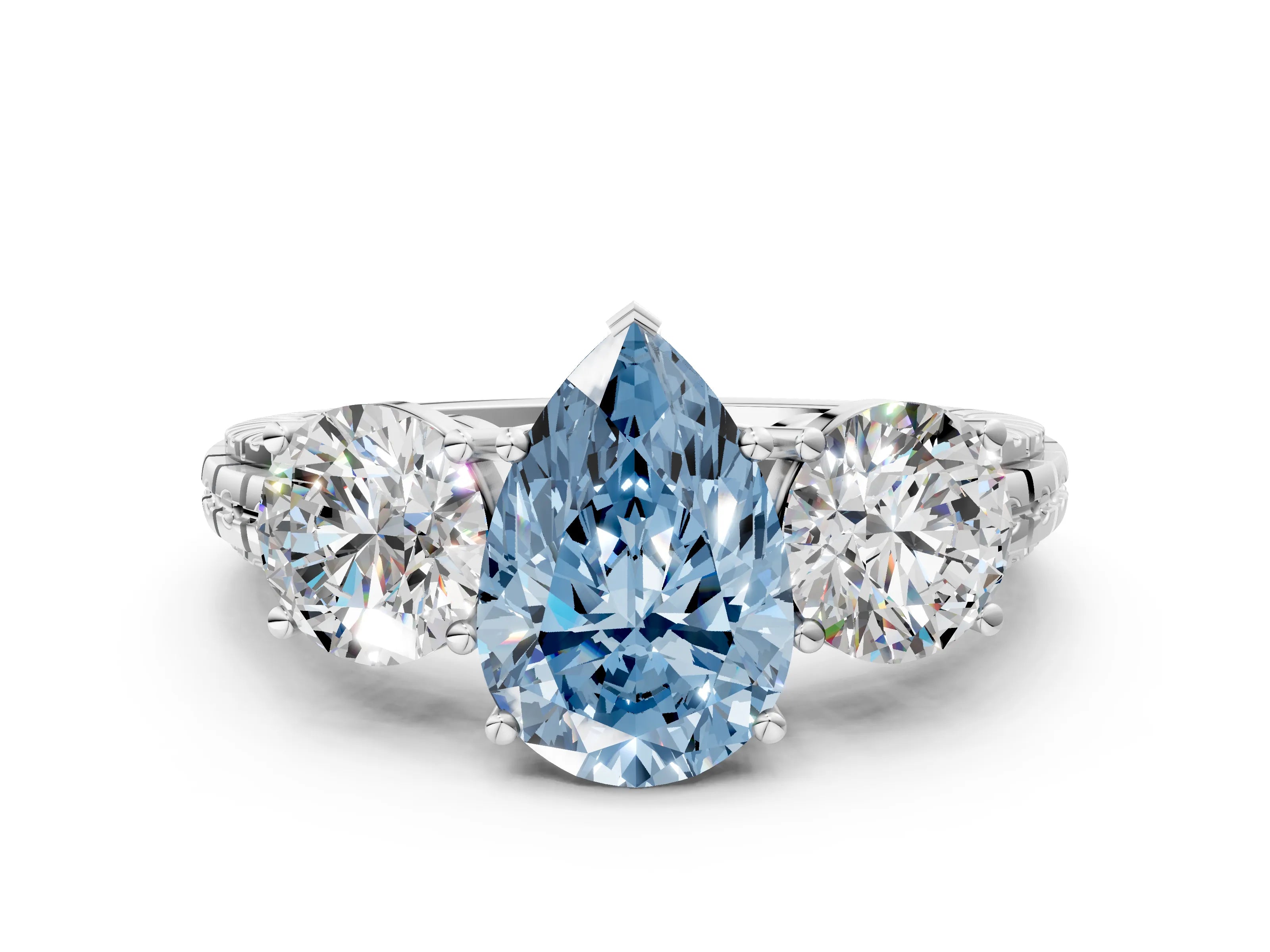 White gold Three-Stone Fancy Blue Pear Cut Cut Diamond Ring with Channel-Set Band and Prong Setting_12