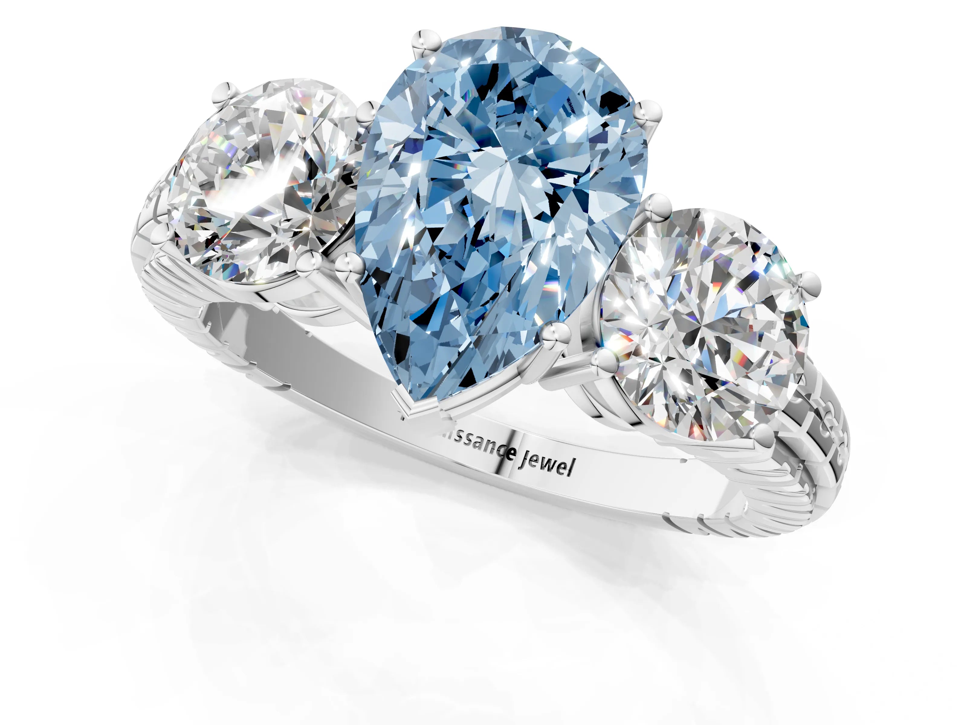 White gold Three-Stone Fancy Blue Pear Cut Cut Diamond Ring with Channel-Set Band and Prong Setting_13