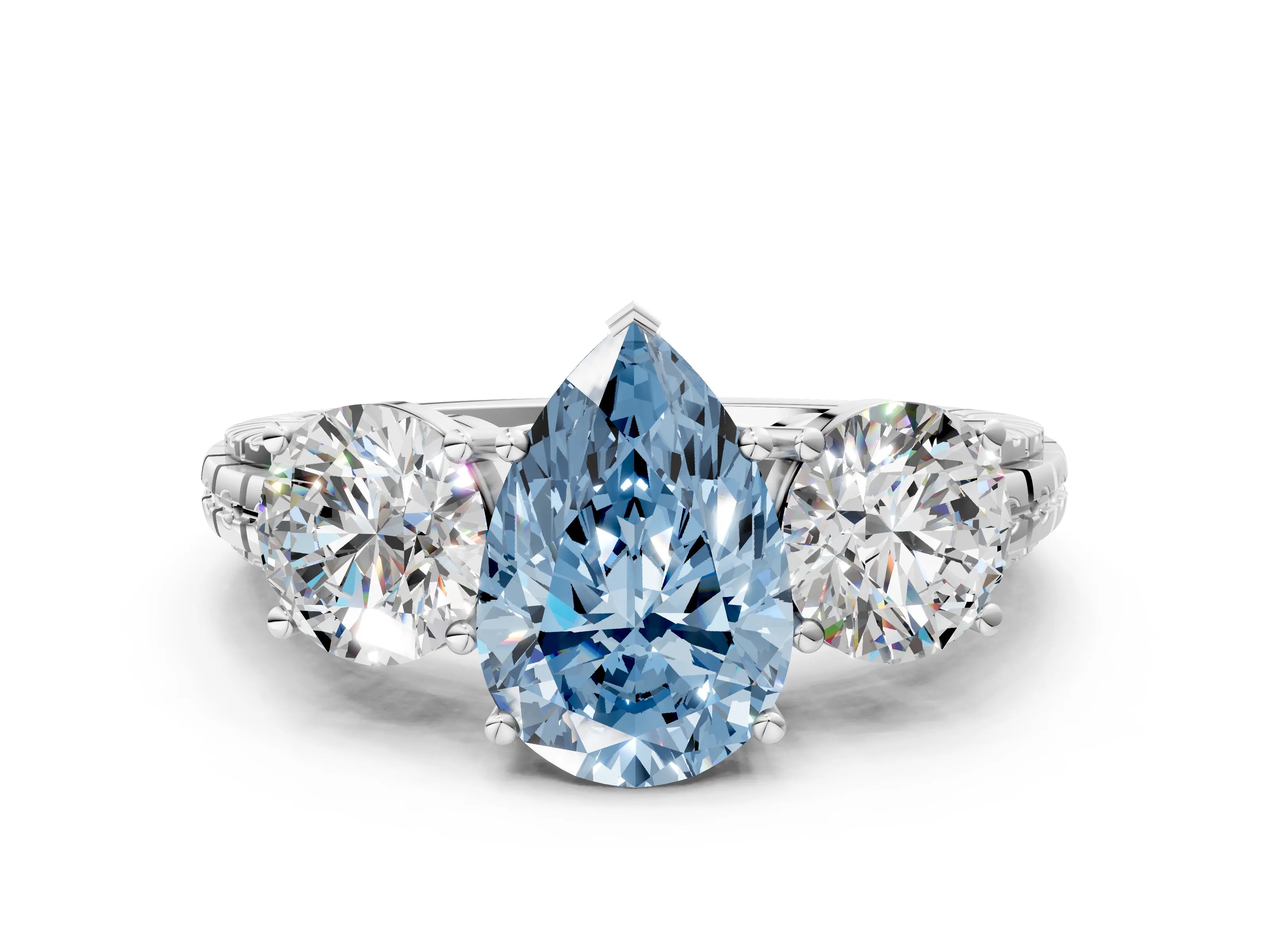 White gold Three-Stone Fancy Blue Pear Cut Cut Diamond Ring with Channel-Set Band and Prong Setting