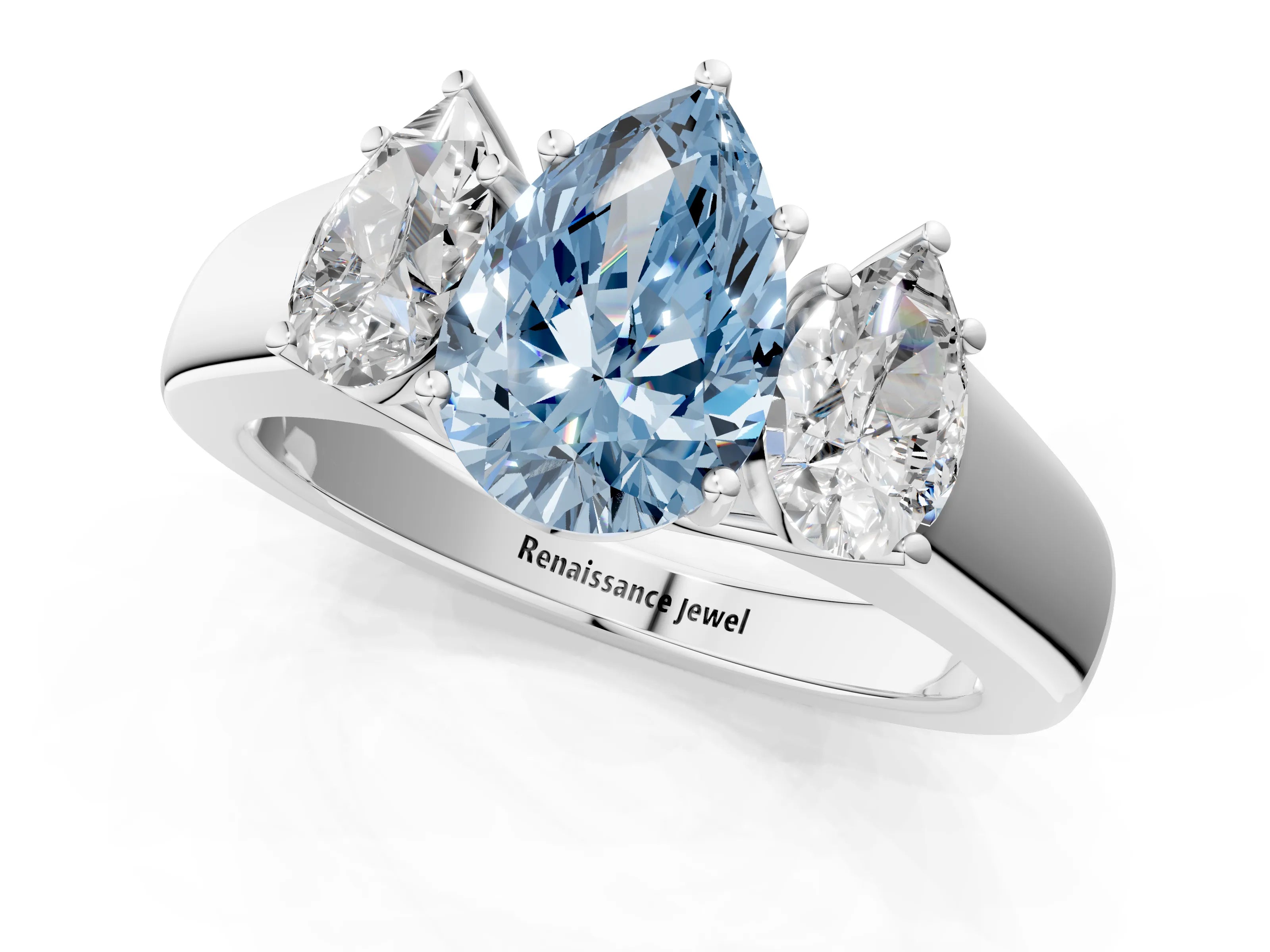 White gold Three-Stone Fancy Blue Pear Cut Cut Diamond Ring with Prong Setting and Classic Band_1