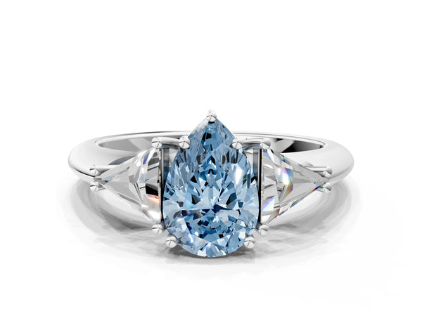 White gold Three-Stone Fancy Blue Pear Cut Cut Diamond Ring with Trillion Side Stones and Four-Prong Setting