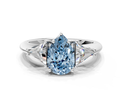 White gold Three-Stone Fancy Blue Pear Cut Cut Diamond Ring with Trillion Side Stones and Four-Prong Setting_11