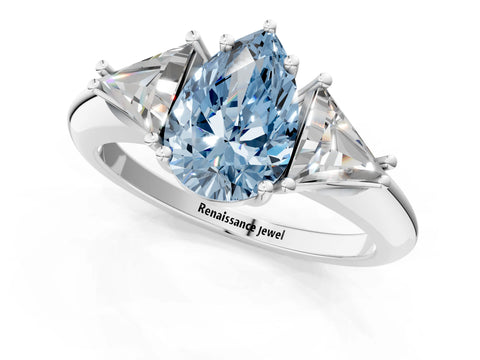 White gold Three-Stone Fancy Blue Pear Cut Cut Diamond Ring with Trillion Side Stones and Four-Prong Setting_12