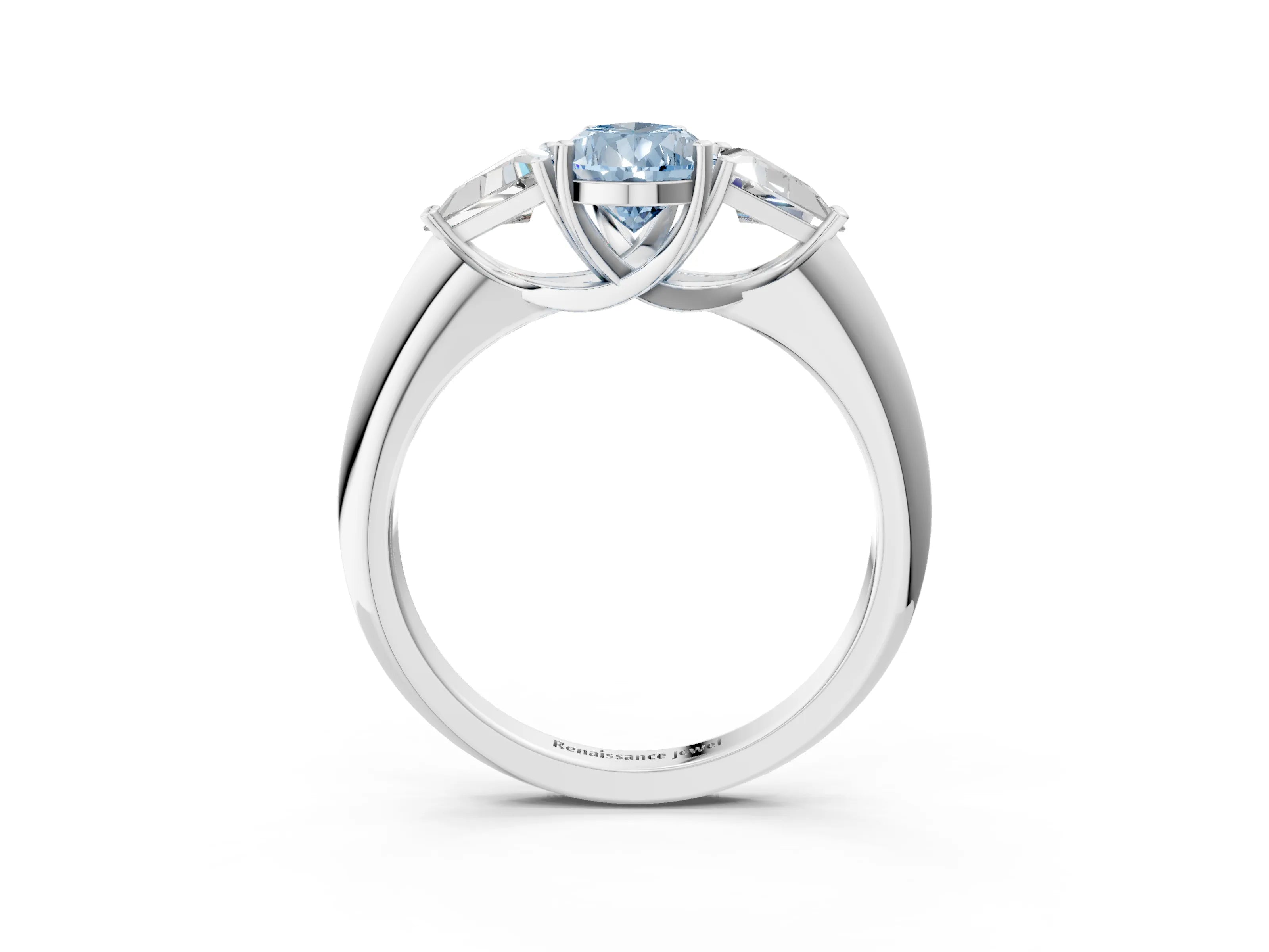 White gold Three-Stone Fancy Blue Pear Cut Cut Diamond Ring with Trillion Side Stones and Four-Prong Setting_14